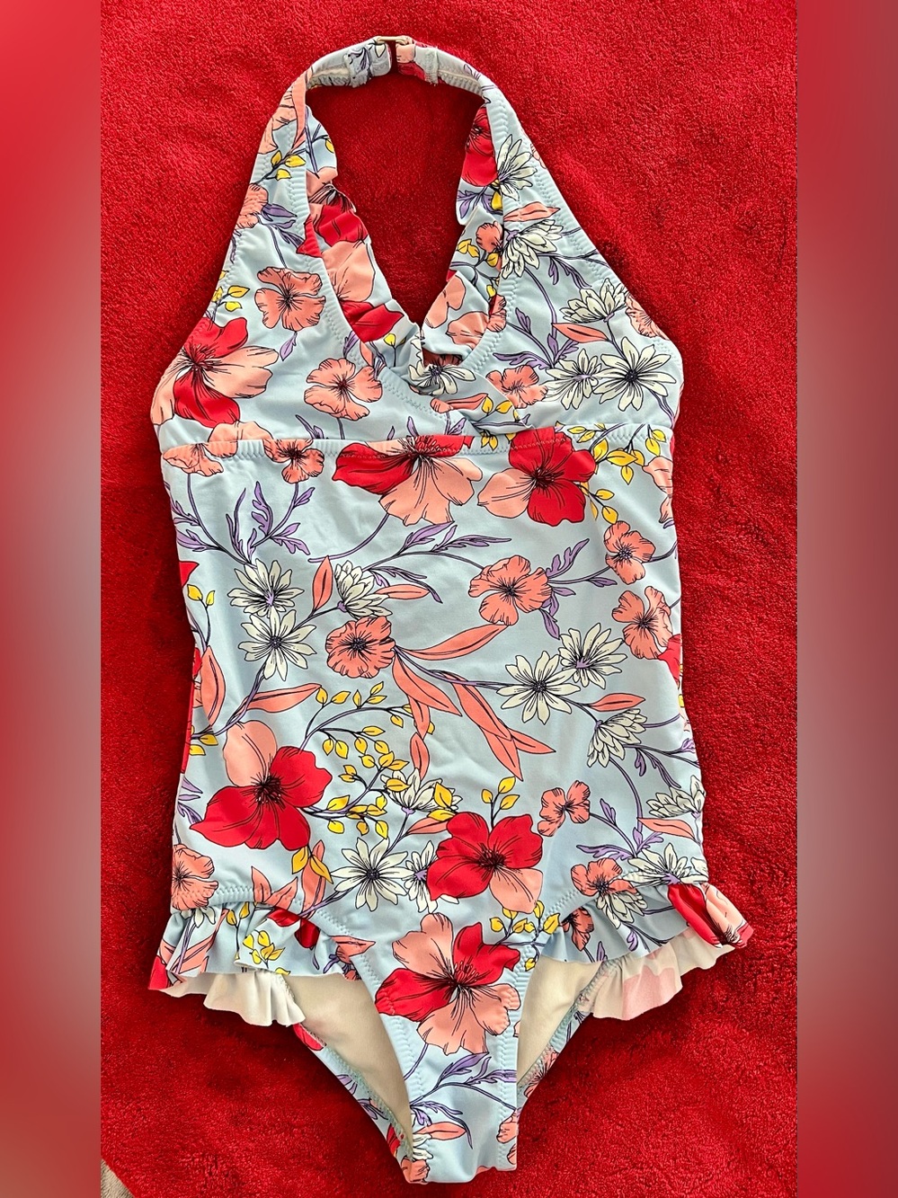 Garnet Hill Kids Floral One Piece Swimsuit Size 8 Halter Ruffle